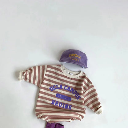 -ベビーロンパース ボーダー 長袖ボディスーツ レターロゴプリント 2カラー【mh0004738】 - mamahalo shop - 長袖ロンパース -  べビー服 - 子供服 - 男の子 - 女の子