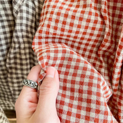 -キッズトップス 長袖パフスリーブTシャツ ブラウス チェック柄 レッド/コーヒー/2カラー - mamahalo shop - 長袖シャツ・ブラウス -  べビー服 - 子供服 - 男の子 - 女の子