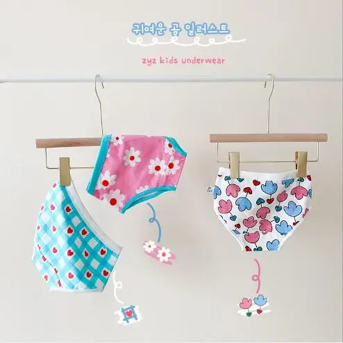 -キッズ下着3枚セット ガールズパンツ アンダーウェア フラワー花柄チェック ボクサー/ブリーフ【mh0004081】 - mamahalo shop - 幼児用下着 -  べビー服 - 子供服 - 男の子 - 女の子