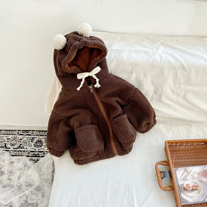 -キッズフーディ ぽんぽん耳付きフーディパーカー ベージュ ブラウン 2カラー ユニセックス 男の子 女の子 子供服 - mamahalo shop - カーディガン・パーカー -  べビー服 - 子供服 - 男の子 - 女の子