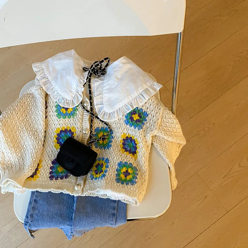 -キッズ ニット レトロ フラワー カーディガン【mh0000174】 - mamahalo shop - カーディガン・パーカー -  べビー服 - 子供服 - 男の子 - 女の子