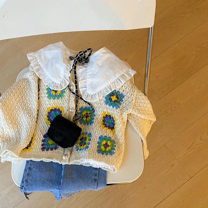 -キッズ ニット レトロ フラワー カーディガン【mh0000174】 - mamahalo shop - カーディガン・パーカー -  べビー服 - 子供服 - 男の子 - 女の子