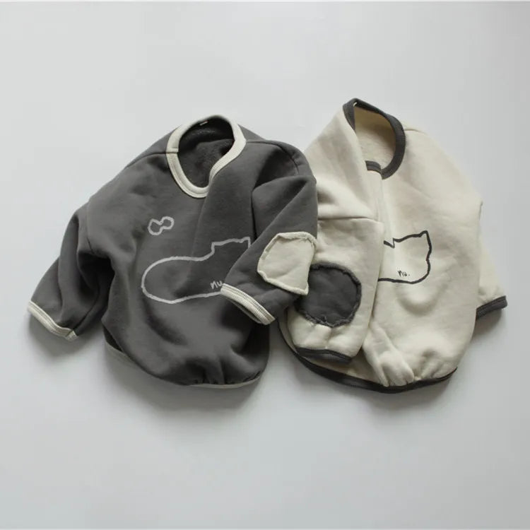 -キッズスウェットシャツ 裏起毛 ねこ 猫プリント パッチワーク スウェットトップス 2カラー ユニセックス 男の子 女の子 子供服 - mamahalo shop - 長袖Tシャツ -  べビー服 - 子供服 - 男の子 - 女の子