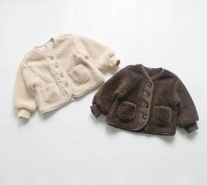 -キッズアウター フリースジャケット コート ジャンパー ジャケット ベージュ ブラウン 2カラー ユニセックス 男の子 女の子 子供服 - mamahalo shop - ショートコート・ジャケット・ジャンパー -  べビー服 - 子供服 - 男の子 - 女の子