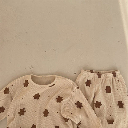 -【国内発送・送料無料】キッズセットアップ 2点セット 長袖トップス+ロングパンツ ワッフル ベアくまプリント ベージュ 90サイズ - mamahalo shop - 長袖セットアップ -  べビー服 - 子供服 - 男の子 - 女の子