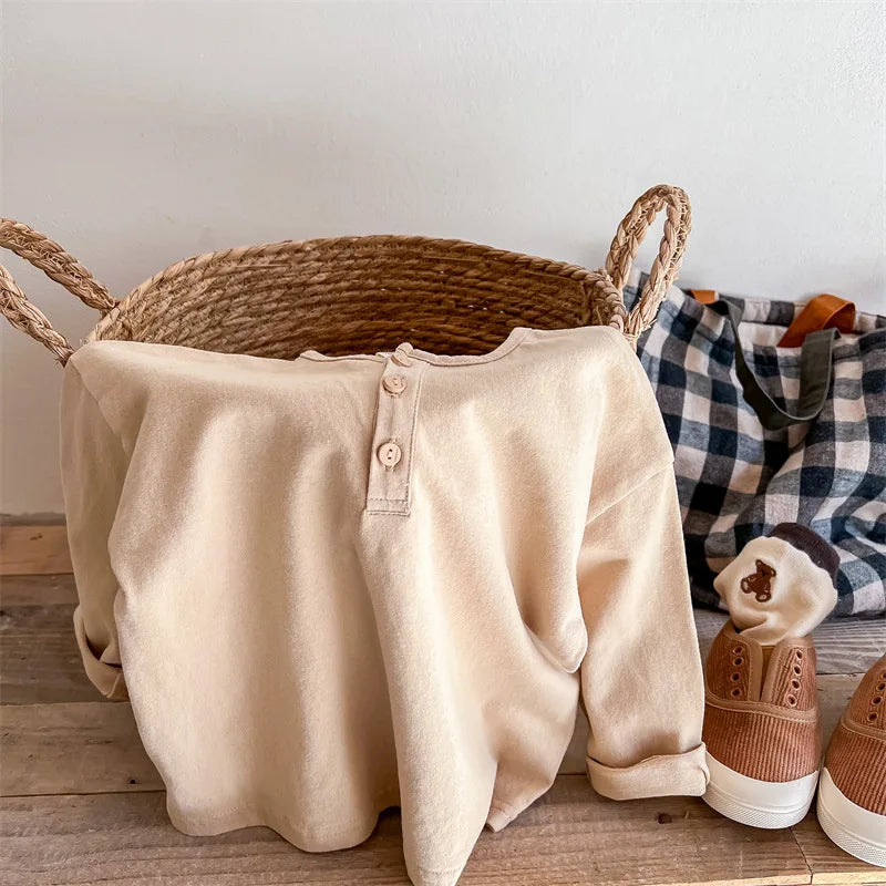 -キッズトップス 長袖Tシャツ ロンT バック スマイル レターロゴ プリント カーキ/ダークグレー/2カラー - mamahalo shop - 長袖Tシャツ -  べビー服 - 子供服 - 男の子 - 女の子