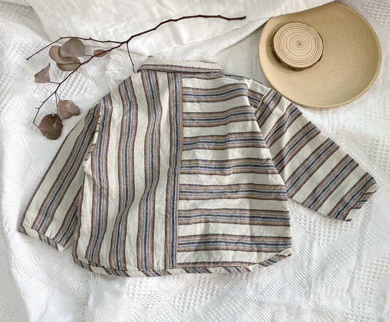 -キッズ パッチワーク ボーダー ストライプ 長袖 シャツ トップス - mamahalo shop - 長袖シャツ・ブラウス -  べビー服 - 子供服 - 男の子 - 女の子