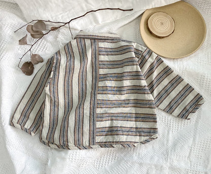 -キッズ パッチワーク ボーダー ストライプ 長袖 シャツ トップス - mamahalo shop - 長袖シャツ・ブラウス -  べビー服 - 子供服 - 男の子 - 女の子