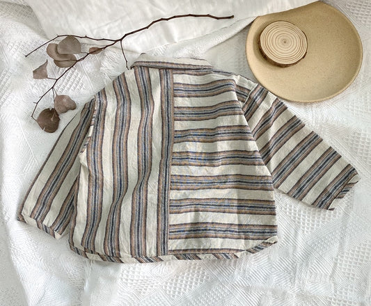 -キッズ パッチワーク ボーダー ストライプ 長袖 シャツ トップス - mamahalo shop - 長袖シャツ・ブラウス -  べビー服 - 子供服 - 男の子 - 女の子