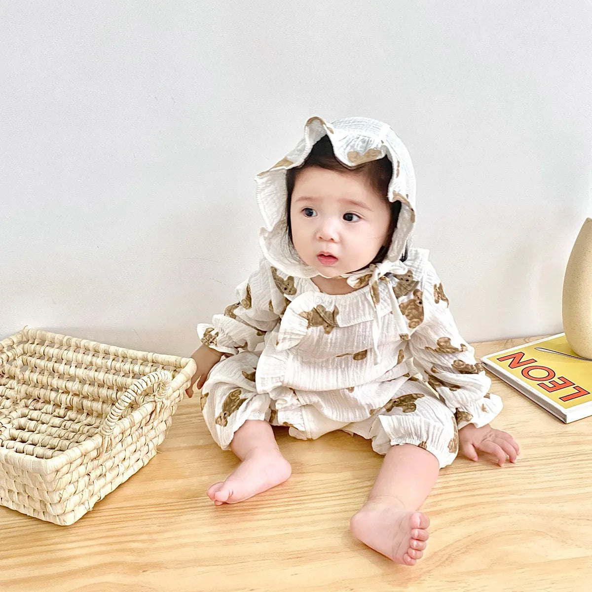 -ベビーロンパース 帽子セット 長袖ジャンプスーツ ベアくまプリント ベージュ【mh0006224】 - mamahalo shop - 長袖ロンパース -  べビー服 - 子供服 - 男の子 - 女の子