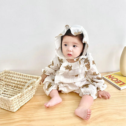 -ベビーロンパース 帽子セット 長袖ジャンプスーツ ベアくまプリント ベージュ【mh0006224】 - mamahalo shop - 長袖ロンパース -  べビー服 - 子供服 - 男の子 - 女の子