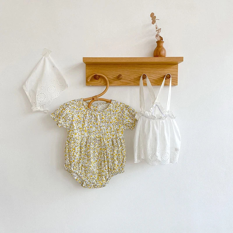 -ベビーセットアップ 3点セット 半袖ボディスーツ+レースエプロンスカート+ボンネット帽子【mh0006238】 - mamahalo shop - 半袖ロンパース -  べビー服 - 子供服 - 男の子 - 女の子