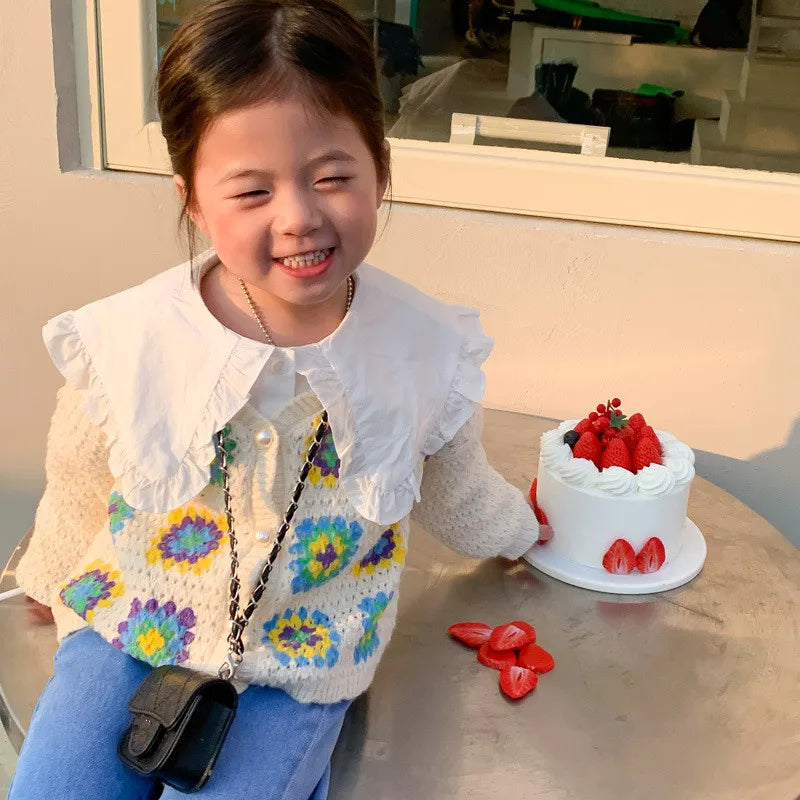 -キッズ ニット レトロ フラワー カーディガン【mh0000174】 - mamahalo shop - カーディガン・パーカー -  べビー服 - 子供服 - 男の子 - 女の子