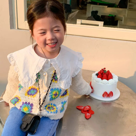 -キッズ ニット レトロ フラワー カーディガン【mh0000174】 - mamahalo shop - カーディガン・パーカー -  べビー服 - 子供服 - 男の子 - 女の子