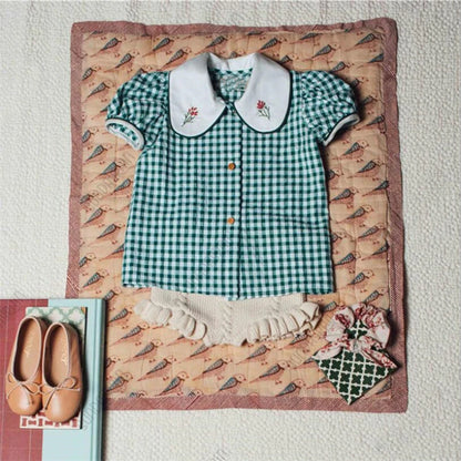 -キッズトップス 半袖パフスリーブブラウス レトロ チェック/フラワ花柄プリント【mh0005920】 - mamahalo shop - 半袖シャツ・ブラウス -  べビー服 - 子供服 - 男の子 - 女の子