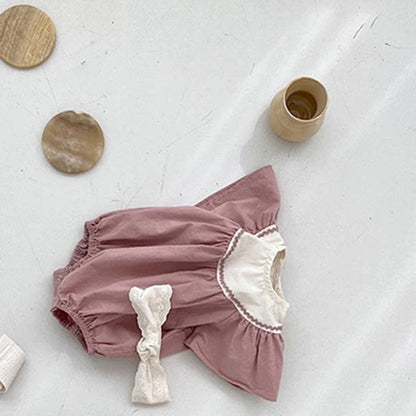 -ベビーロンパース フリルスリーブ 半袖ボディスーツ ピンク コーヒー 2カラー - mamahalo shop - 半袖ロンパース -  べビー服 - 子供服 - 男の子 - 女の子