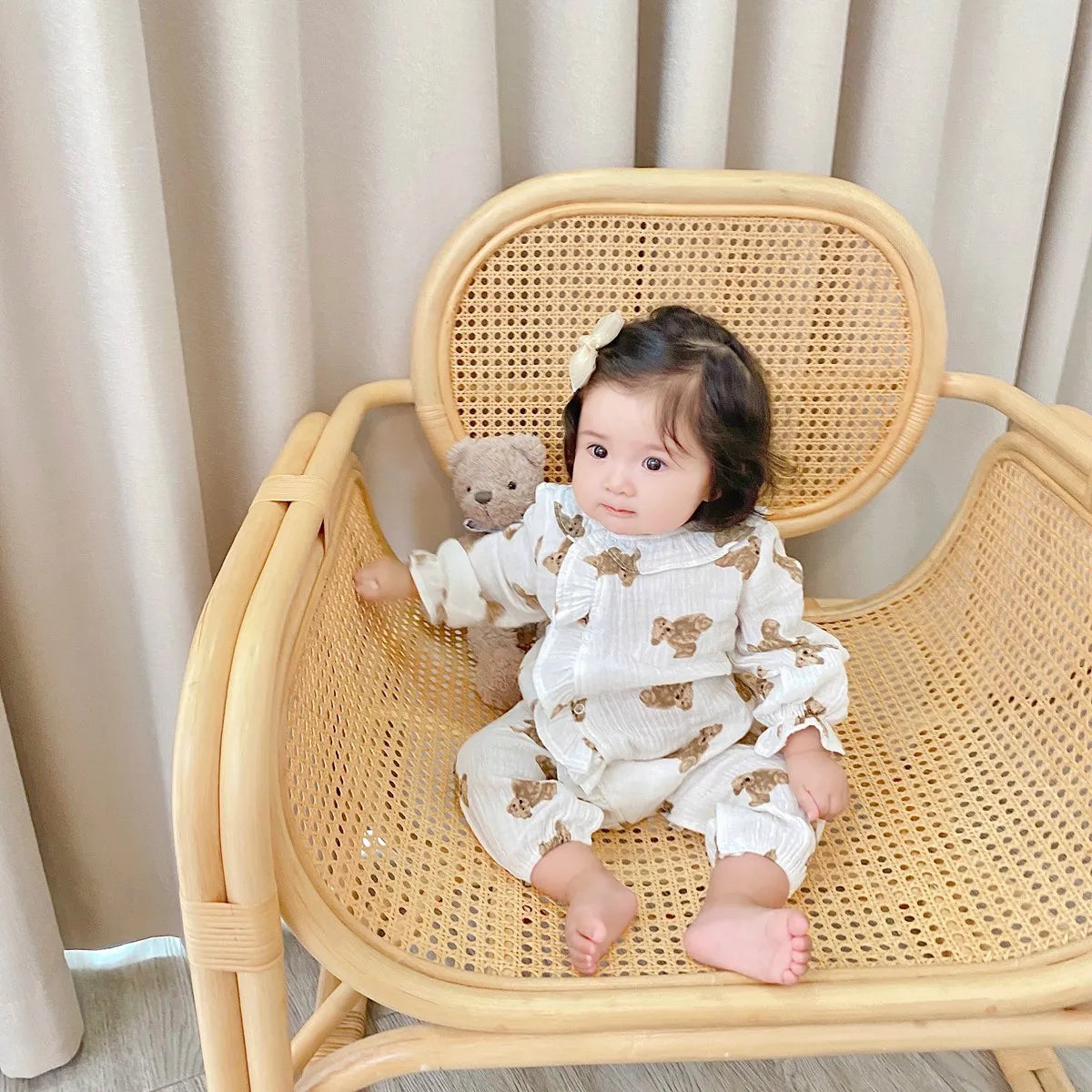 -ベビーロンパース 帽子セット 長袖ジャンプスーツ ベアくまプリント ベージュ【mh0006224】 - mamahalo shop - 長袖ロンパース -  べビー服 - 子供服 - 男の子 - 女の子