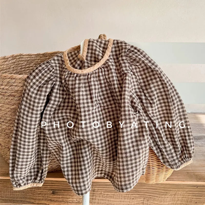 -キッズトップス 長袖パフスリーブTシャツ ブラウス チェック柄 レッド/コーヒー/2カラー - mamahalo shop - 長袖シャツ・ブラウス -  べビー服 - 子供服 - 男の子 - 女の子