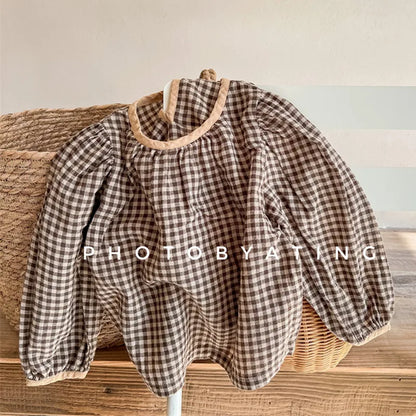 -キッズトップス 長袖パフスリーブTシャツ ブラウス チェック柄 レッド/コーヒー/2カラー - mamahalo shop - 長袖シャツ・ブラウス -  べビー服 - 子供服 - 男の子 - 女の子