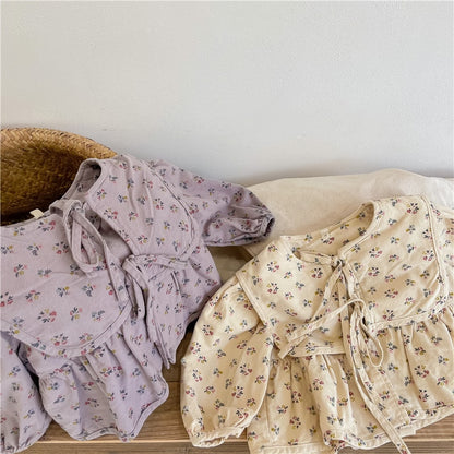 -キッズ服 長袖 ブラウス シャツ カーディガン ジャケット フラワー 花柄 ビッグ襟 ベージュ 紫 2色 女の子 - mamahalo shop - ショートコート・ジャケット・ジャンパー -  べビー服 - 子供服 - 男の子 - 女の子