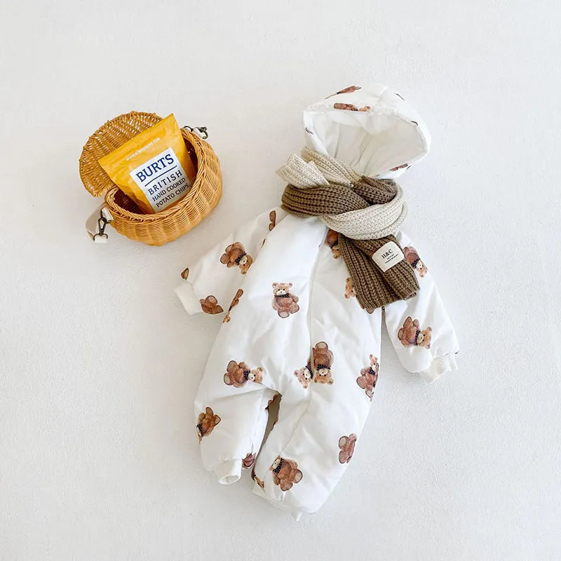 -ベビーアウタージャンプスーツ ベアくまプリント 耳付きフーディ長袖ロンパース 防寒 - mamahalo shop - アウタージャンプスーツ -  べビー服 - 子供服 - 男の子 - 女の子