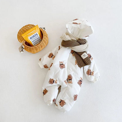 -ベビーアウタージャンプスーツ ベアくまプリント 耳付きフーディ長袖ロンパース 防寒 - mamahalo shop - アウタージャンプスーツ -  べビー服 - 子供服 - 男の子 - 女の子