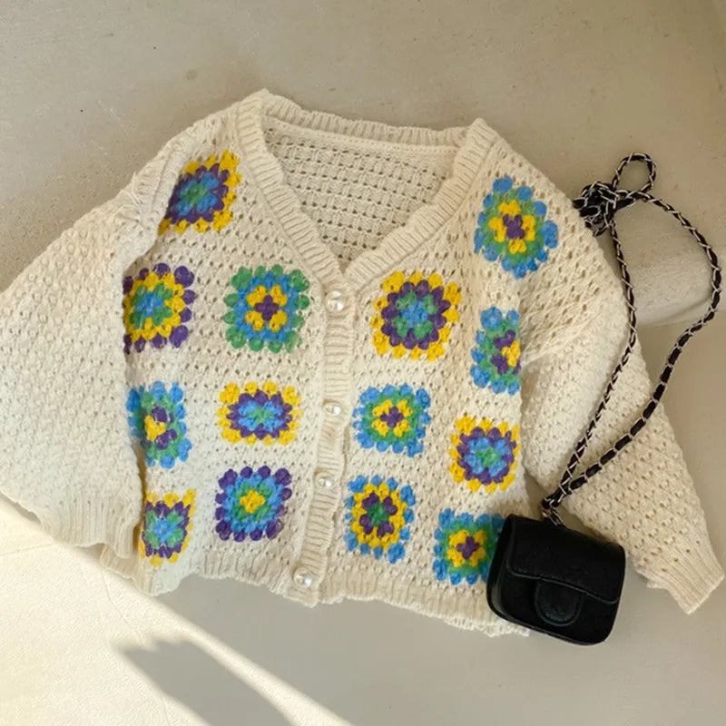 -キッズ ニット レトロ フラワー カーディガン【mh0000174】 - mamahalo shop - カーディガン・パーカー -  べビー服 - 子供服 - 男の子 - 女の子