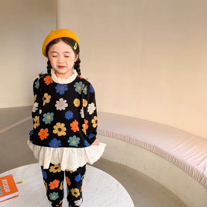 -キッズ カラフル レトロフラワー ボーイズ ガールズ 長袖 トップス パンツ セットアップ ブラック パープル リンク 兄弟 姉妹 お揃い コーデ【mh0002297】 - mamahalo shop - 長袖セットアップ -  べビー服 - 子供服 - 男の子 - 女の子