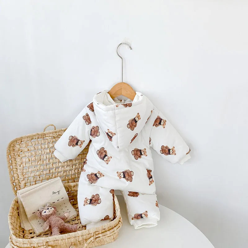 -ベビーアウタージャンプスーツ ベアくまプリント 耳付きフーディ長袖ロンパース 防寒 - mamahalo shop - アウタージャンプスーツ -  べビー服 - 子供服 - 男の子 - 女の子
