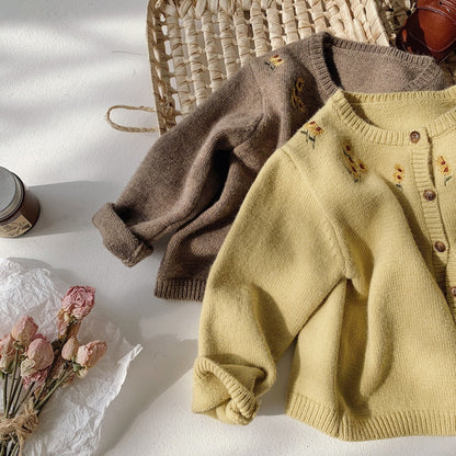 -キッズ フラワー 刺繍 ニット カーディガン ガールズ - mamahalo shop - カーディガン・パーカー -  べビー服 - 子供服 - 男の子 - 女の子