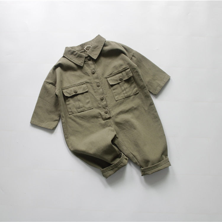 -キッズ服 長袖シャツ ジャンプスーツ つなぎ シンプル ベーシック 無地 アーミーグリーン ベージュ 2色 男の子 - mamahalo shop - 長袖ジャンプスーツ -  べビー服 - 子供服 - 男の子 - 女の子