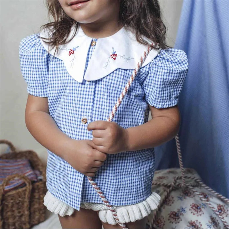 -キッズトップス 半袖パフスリーブブラウス レトロ チェック/フラワ花柄プリント【mh0005920】 - mamahalo shop - 半袖シャツ・ブラウス -  べビー服 - 子供服 - 男の子 - 女の子