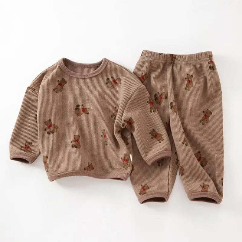 -ベビーパジャマセット ワッフル 長袖Tシャツ+ロングパンツ ベアくまプリント 3カラー - mamahalo shop - 長袖パジャマ -  べビー服 - 子供服 - 男の子 - 女の子