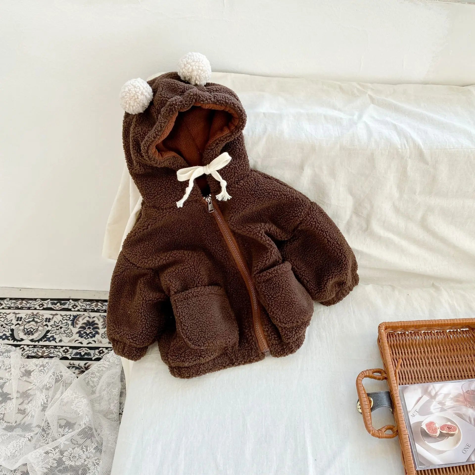 -キッズフーディ ぽんぽん耳付きフーディパーカー ベージュ ブラウン 2カラー ユニセックス 男の子 女の子 子供服 - mamahalo shop - カーディガン・パーカー -  べビー服 - 子供服 - 男の子 - 女の子