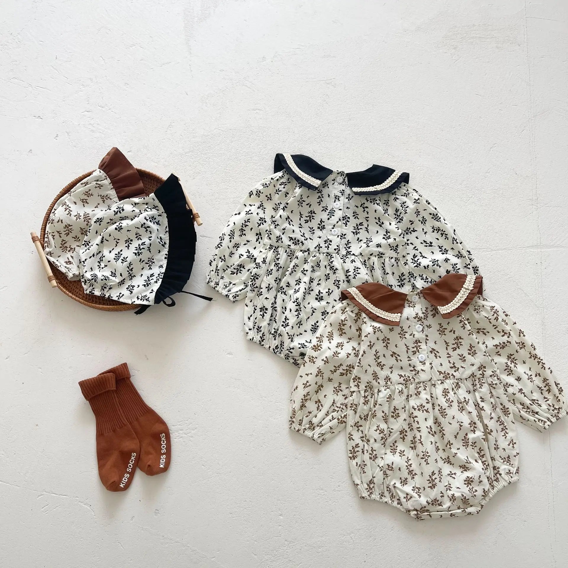 -ベビー フラワー 長袖 ロンパース ボンネット セット - mamahalo shop - 長袖ロンパース -  べビー服 - 子供服 - 男の子 - 女の子