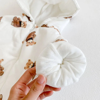 -ベビーアウタージャンプスーツ ベアくまプリント 耳付きフーディ長袖ロンパース 防寒 - mamahalo shop - アウタージャンプスーツ -  べビー服 - 子供服 - 男の子 - 女の子