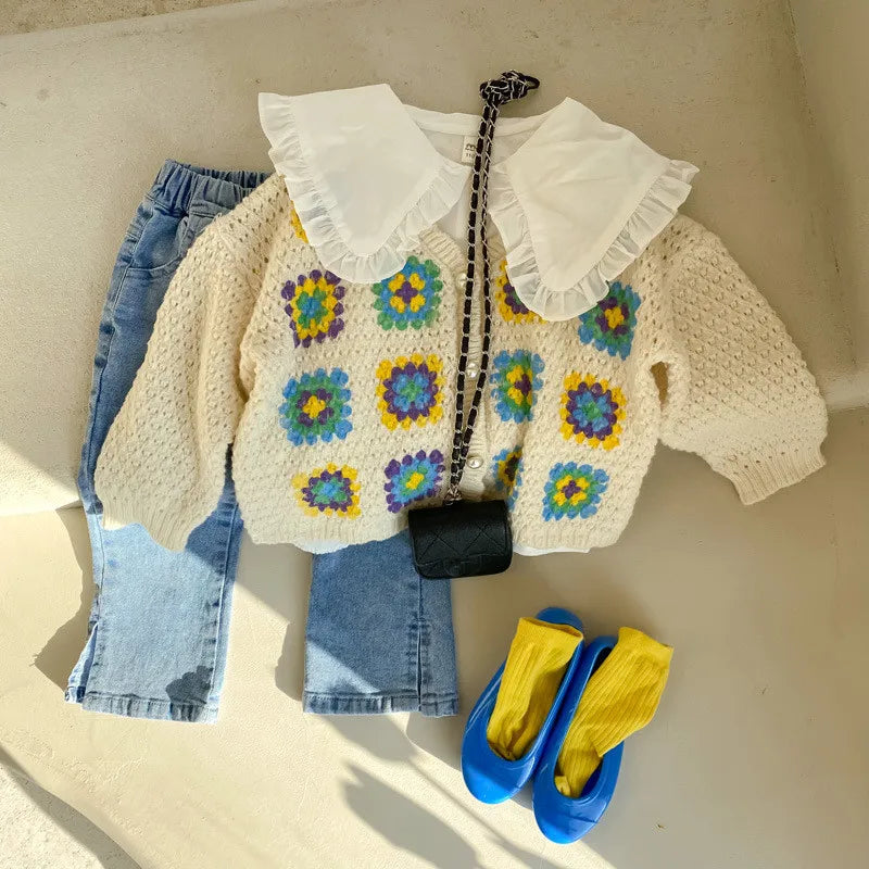 -キッズ ニット レトロ フラワー カーディガン【mh0000174】 - mamahalo shop - カーディガン・パーカー -  べビー服 - 子供服 - 男の子 - 女の子