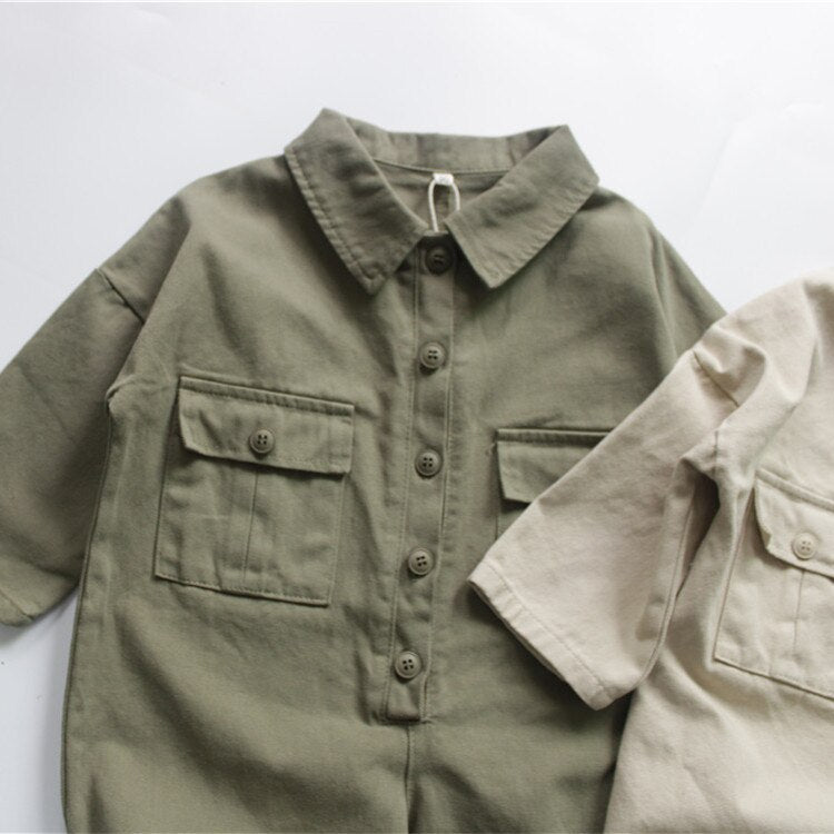 -キッズ服 長袖シャツ ジャンプスーツ つなぎ シンプル ベーシック 無地 アーミーグリーン ベージュ 2色 男の子 - mamahalo shop - 長袖ジャンプスーツ -  べビー服 - 子供服 - 男の子 - 女の子