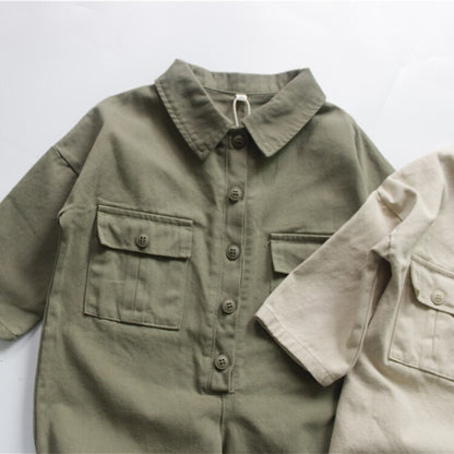 -キッズ服 長袖シャツ ジャンプスーツ つなぎ シンプル ベーシック 無地 アーミーグリーン ベージュ 2色 男の子 - mamahalo shop - 長袖ジャンプスーツ -  べビー服 - 子供服 - 男の子 - 女の子