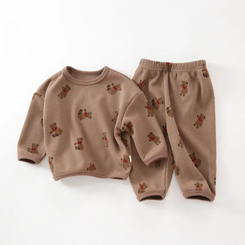 -ベビーパジャマセット ワッフル 長袖Tシャツ+ロングパンツ ベアくまプリント 3カラー - mamahalo shop - 長袖パジャマ -  べビー服 - 子供服 - 男の子 - 女の子