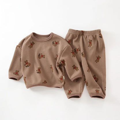 -ベビーパジャマセット ワッフル 長袖Tシャツ+ロングパンツ ベアくまプリント 3カラー - mamahalo shop - 長袖パジャマ -  べビー服 - 子供服 - 男の子 - 女の子
