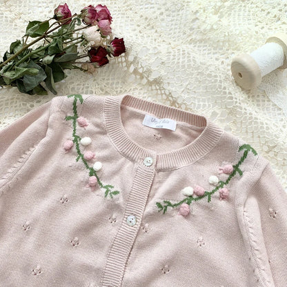 -キッズカーディガン ニットジャケット フラワー花柄刺繍 ピンク/ブルー/2カラー - mamahalo shop - カーディガン・パーカー -  べビー服 - 子供服 - 男の子 - 女の子