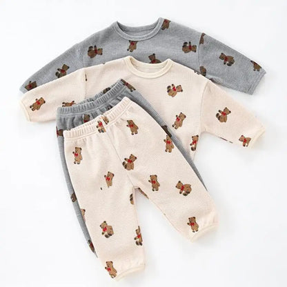 -ベビーパジャマセット ワッフル 長袖Tシャツ+ロングパンツ ベアくまプリント 3カラー - mamahalo shop - 長袖パジャマ -  べビー服 - 子供服 - 男の子 - 女の子