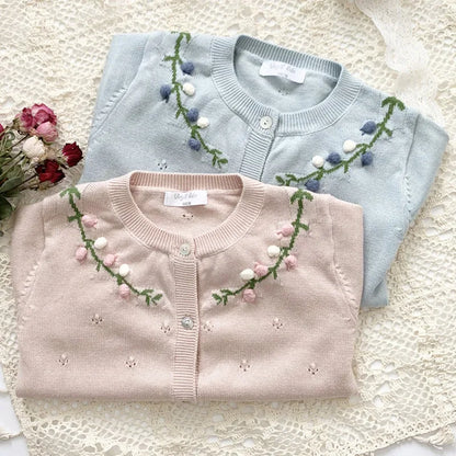 -キッズカーディガン ニットジャケット フラワー花柄刺繍 ピンク/ブルー/2カラー - mamahalo shop - カーディガン・パーカー -  べビー服 - 子供服 - 男の子 - 女の子