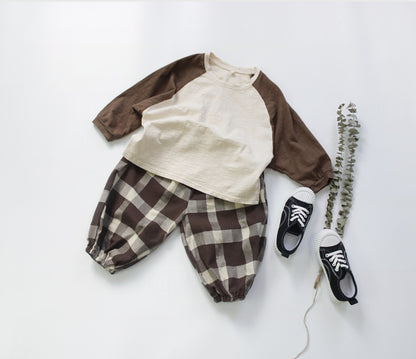 -キッズ パッチワーク ラグランスリーブ 長袖 Tシャツ バイカラー ロンT - mamahalo shop - 長袖Tシャツ -  べビー服 - 子供服 - 男の子 - 女の子