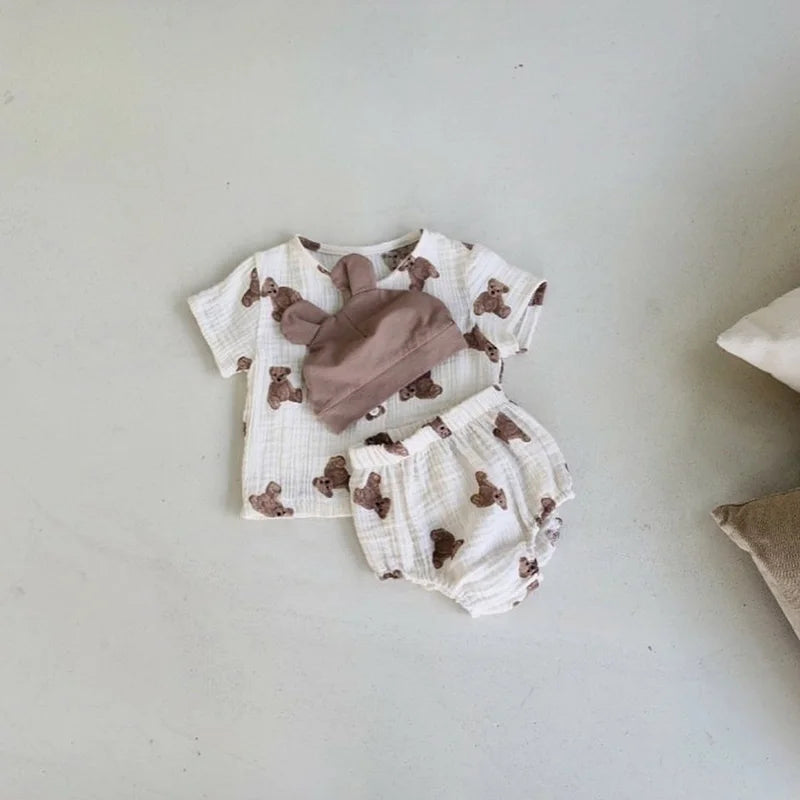 -ベビーセットアップ 2点セット 半袖シャツ+ブルマパンツ ベアくまプリント ベージュ【mh0000061】 - mamahalo shop - 半袖セットアップ -  べビー服 - 子供服 - 男の子 - 女の子