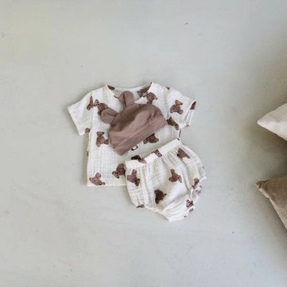-ベビーセットアップ 2点セット 半袖シャツ+ブルマパンツ ベアくまプリント ベージュ【mh0000061】 - mamahalo shop - 半袖セットアップ -  べビー服 - 子供服 - 男の子 - 女の子