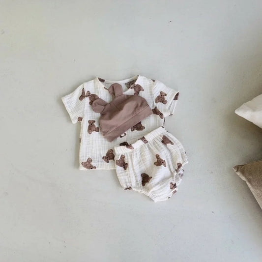 -ベビーセットアップ 2点セット 半袖シャツ+ブルマパンツ ベアくまプリント ベージュ【mh0000061】 - mamahalo shop - 半袖セットアップ -  べビー服 - 子供服 - 男の子 - 女の子