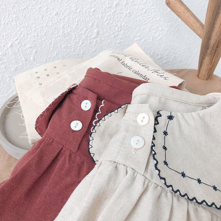 キッズ ビッグカラー 刺繍 ノースリーブ ワンピース ベージュ ガールズ - mamahalo shop - ノースリーブワンピース - ベビー服 - 子供服 - 男の子 - 女の子