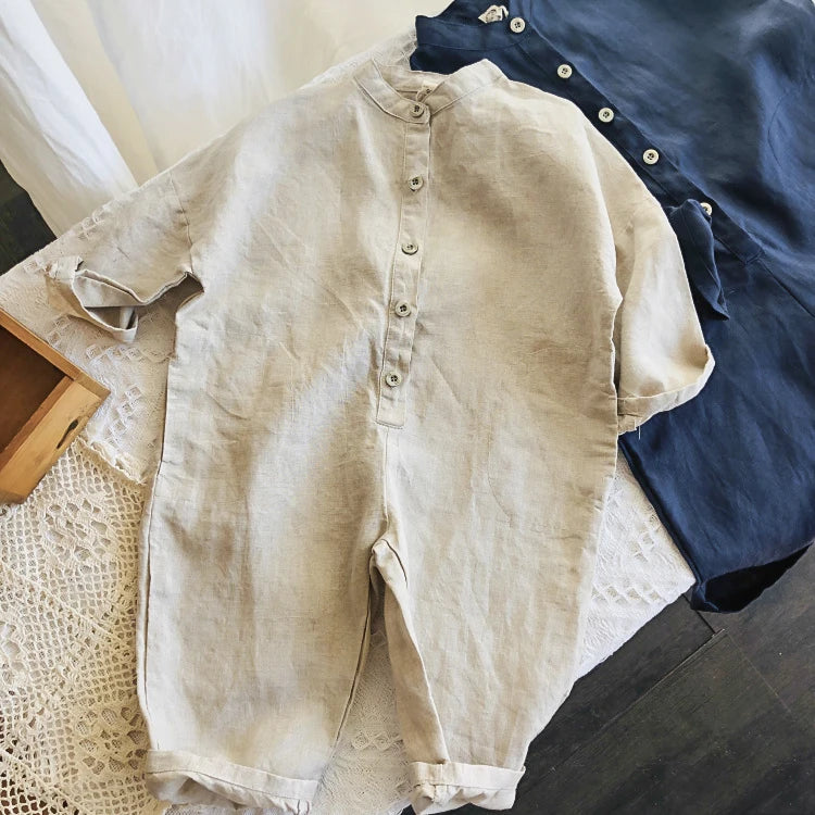 -キッズジャンプスーツ コットンリネン 長袖つなぎ シンプル ベーシック ネイビー アプリコット 2カラー【mh0003658】 - mamahalo shop - 長袖ジャンプスーツ -  べビー服 - 子供服 - 男の子 - 女の子